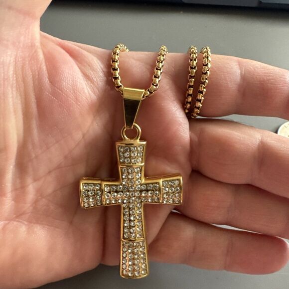 Cross Pendant Stainless Steel Cubic Zirconia 24” Chain Necklace Hip Hop Gold Men - Picture 5 of 6